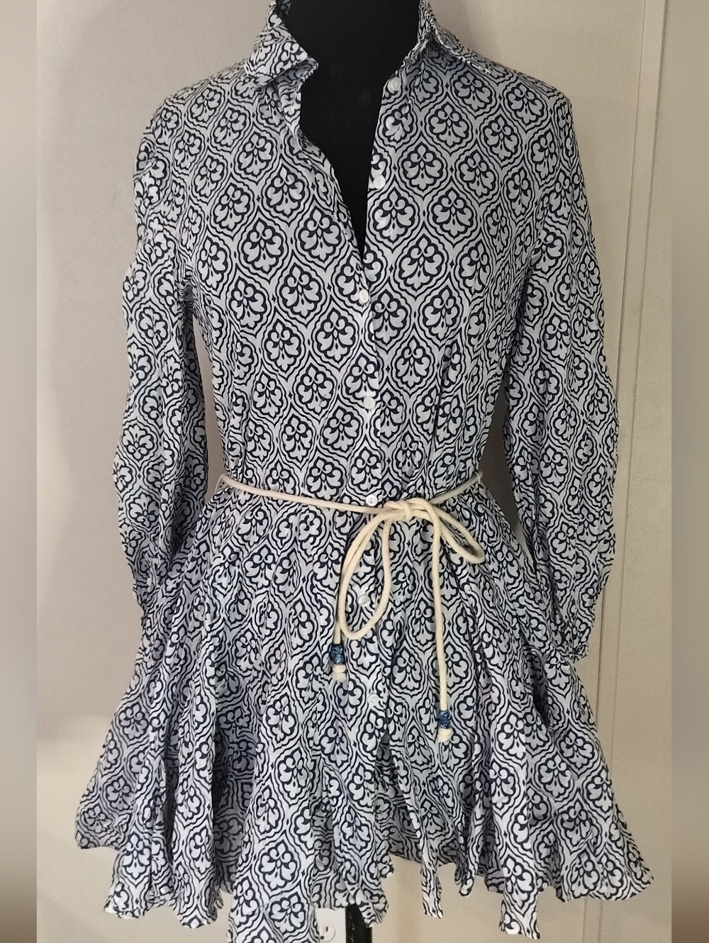 Zara Black & White Long-Sleeve Printed Shirt Dress